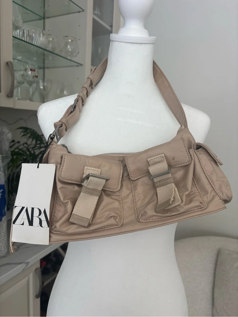 Zara Taupe Shoulder Bag with Front Buckle Pockets